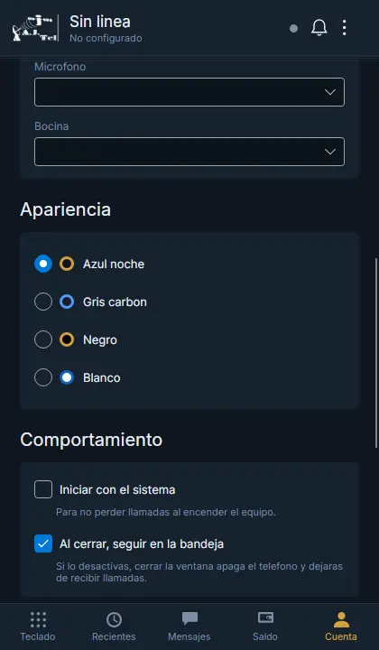 Ajustes de audio, apariencia y comportamiento de AJTEL Phone