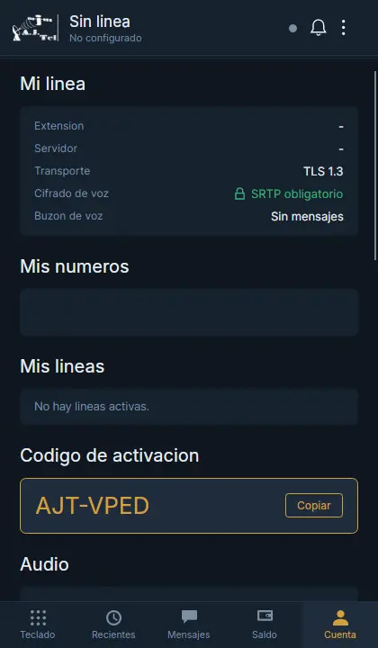 Pestaña Cuenta de AJTEL Phone con el código de activación